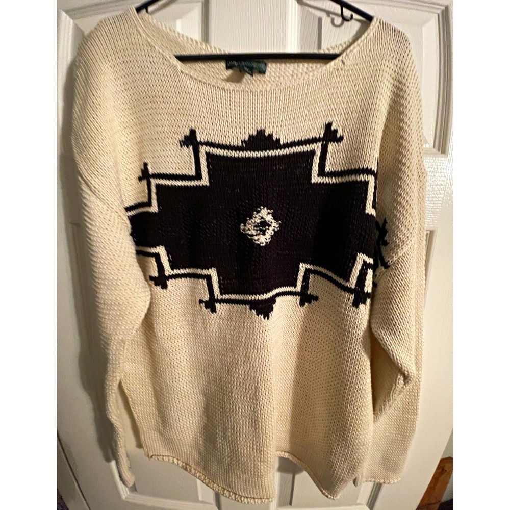 Lauren Jeans Co. Ralph Lauren Boatneck Womens XL Ivory/Black Geometric Pullover
